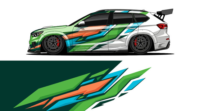 Green race car with vibrant blue and orange graphic wrap and sponsor decals on a white body.