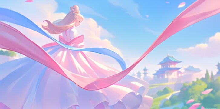 Illustration of an elegant asian woman with flowing ribbons. Fantasy land with traditional architecture. Epic eastern inspired digital art for game background.