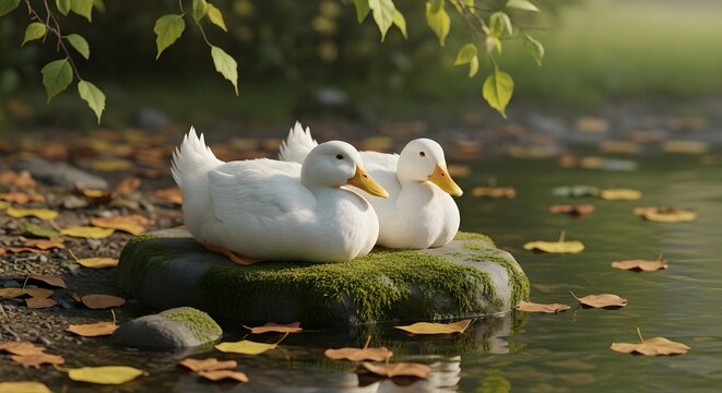 Two white ducks resting on mossy rock in calm pond with green foliage background