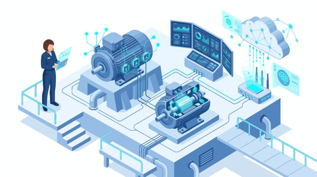 Isometric industrial automation concept with technician monitoring smart factory electric motor production, digital transformation and cloud computing data analytics, blue vector illustration