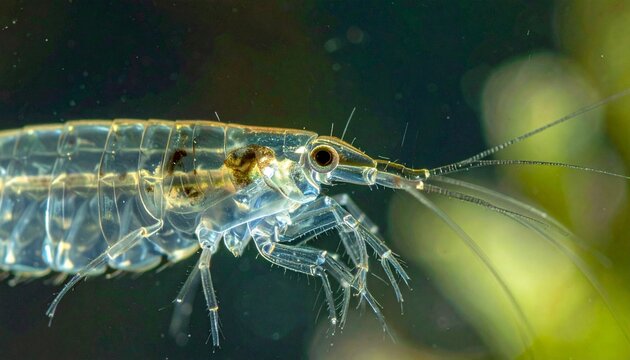 Close-up macro of transparent freshwater copepod with single eye