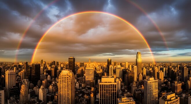 City skyline at dusk with large moon and rainbow arching over urban landscape