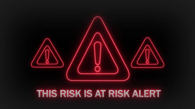 Three bright red neon warning triangles with exclamation marks inside them are shown in a horizontal line on a dark background with the phrase THISRISKISATRISKALERT below