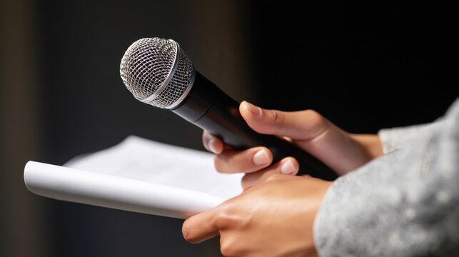 Close-up of hands holding a microphone and notes during a public presentation.
