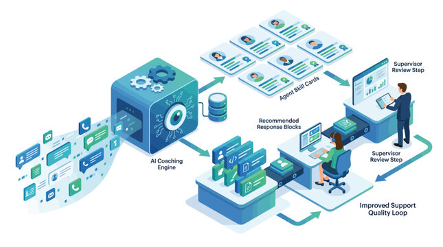 Isometric AI customer support workflow diagram showing supervisor review, agent coaching, and quality improvement in blue modern digital style