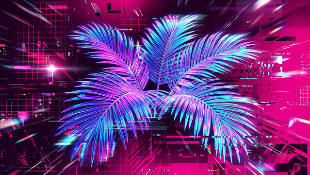 Neon palm leaves on a futuristic digital glitch background with vibrant synthwave colors