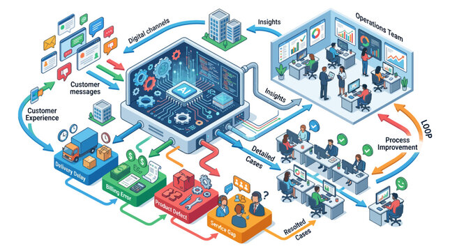 Isometric AI customer experience workflow diagram with business teams, digital transformation process, blue technology infographic for corporate presentation