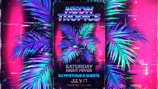 Neon Tropics party flyer template with palm leaves and digital glitch aesthetic background