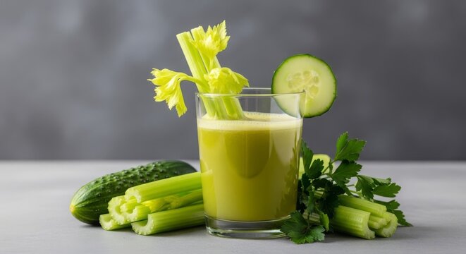 A vibrant glass of fresh celery and cucumber juice garnished with a cucumber slice and celery stalk, surrounded by fresh vegetables.