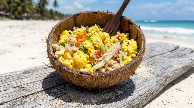 Delicious Jamaican ackee and saltfish dish in a coconut shell bowl on a beach