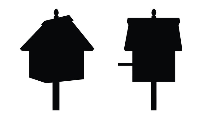 birdhouse silhouettes with pitched roofs and posts black on white silhouette