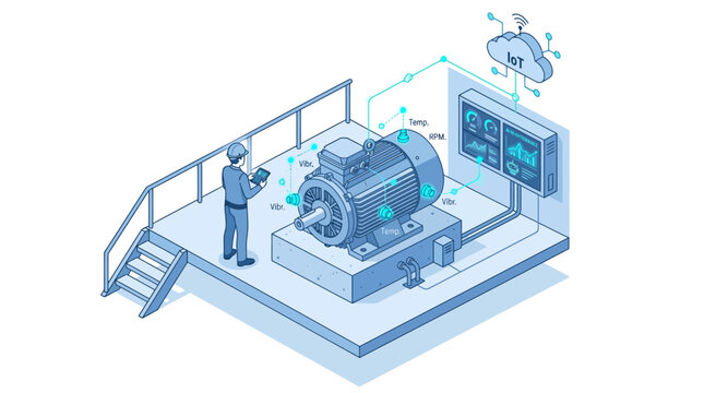 Isometric industrial IoT motor monitoring with engineer inspecting smart factory equipment, blue digital automation illustration for business technology presentations
