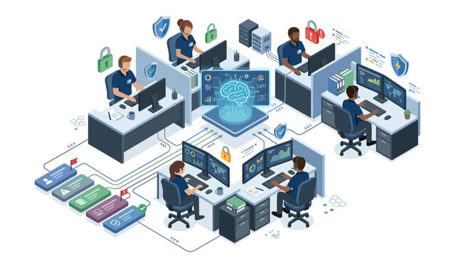 Isometric cybersecurity team monitoring network data in a modern blue office for business technology, digital transformation, and corporate presentation design