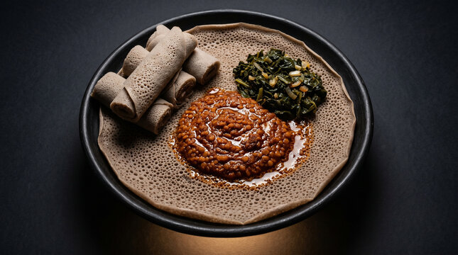 Traditional ethiopian injera bread with bean and vegetable stew
