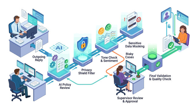 Isometric AI content moderation workflow with business professionals reviewing privacy, tone, sensitive data and quality control in a modern digital compliance process