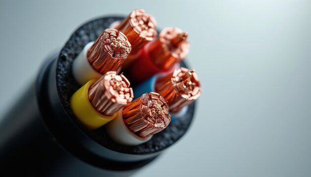 Closeup of a severed electrical cable showing multiple copper wire bundles inside its black protective casing. Details of conductors and insulation are visible. Energy transmission component detail.