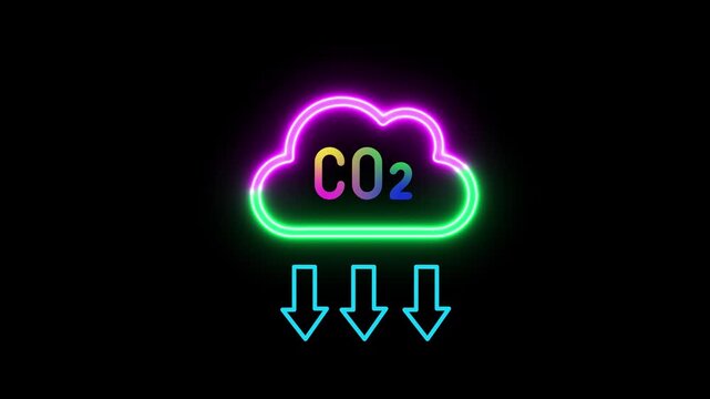 Neon CO2 Reduction Animation on Dark Background, Glowing Carbon Dioxide Cloud with Downward Arrows, Environmental Sustainability Concept, Digital Eco-Friendly Motion Graphic for Climate Awareness
