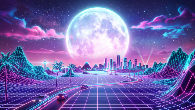 Retro synthwave landscape with neon grid road, futuristic city skyline and giant full moon.
