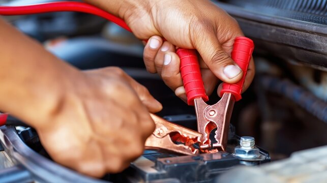 Hands connecting red jumper cables to a car battery terminal for a roadside jump start.