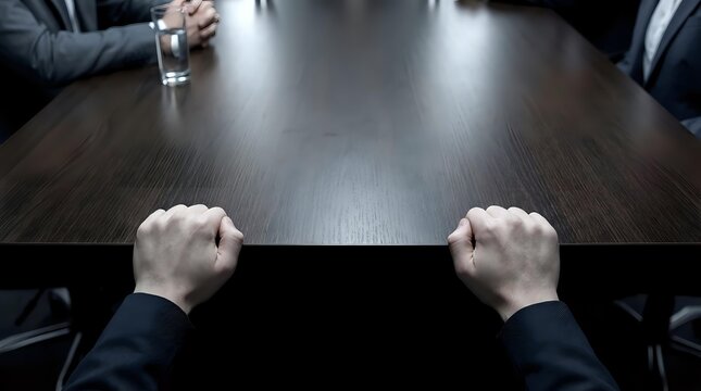 Business meeting tension with clenched fists on conference table during corporate negotiation or difficult discussion in boardroom setting.