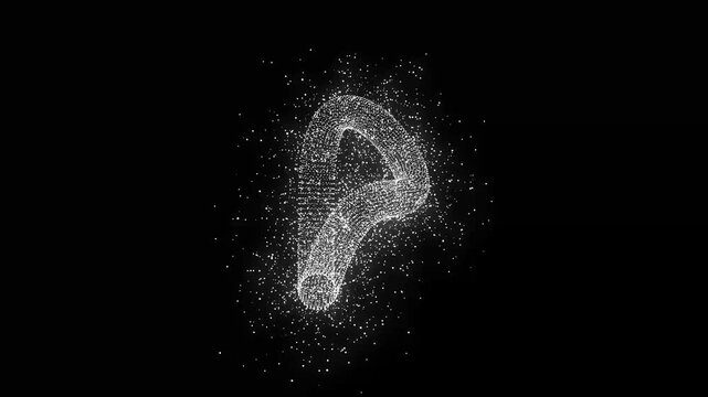 Glowing infinity sign made of particle dots and data numbers, seamless 3d technology loop animation, white electronic energy symbol floating on a black screen background in ultra HD 4K