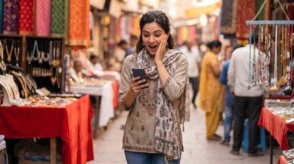 Obraz premium Woman checks her smartphone screen with a surprised facial expression while standing in a busy traditional textile street market.