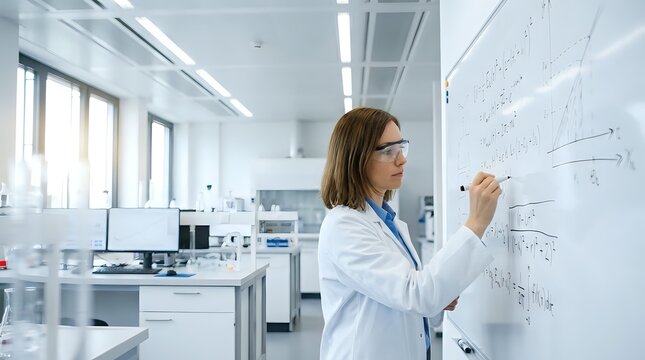 Young Caucasian female scientist in white lab coat and safety glasses writing chemical formulas on whiteboard in modern laboratory.