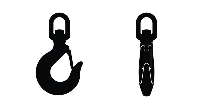 Two metal lifting hooks side and front view black silhouette