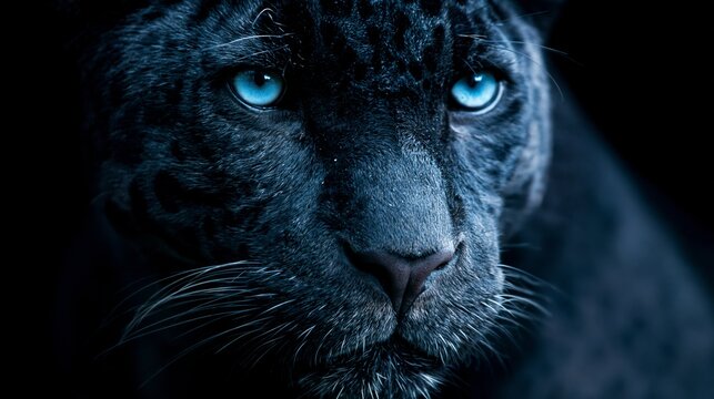 Angry Jaguar with Intense Glowing Indigo Blue Eyes, Close-Up Cinematic Wildlife Portrait in Dark Dramatic Lighting, Hyper Realistic Predator Scene with Copy Space for Text