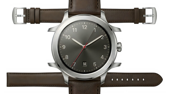 Exploded view of a wristwatch for technology engineering and horology branding frontal isolated png on a transparent background perfectly cutout high resolution