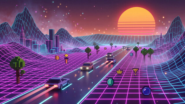 Retro 80s synthwave landscape with pixel art cars driving on a neon digital highway