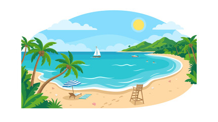 Obraz premium Tropical Beach Paradise: Palm Trees, Ocean, Sailboat, and Sandy Shoreline
