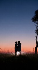 Fototapeta premium Silhouette of an adult embracing a child amidst tall grass at sunset, symbolizing family, connection, and cherished moments, representing love and childhood.