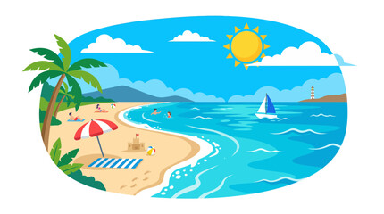Obraz premium Vibrant Tropical Beach Scene with Palm Trees, Ocean Waves, and People Enjoying Sun