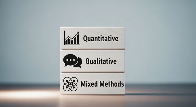 Three stacked blocks representing quantitative, qualitative, and mixed methods research approaches.