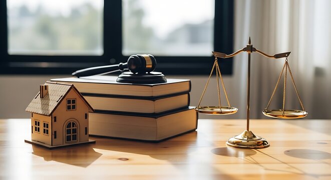 Symbolic representation of legal justice and property rights with a gavel, scales of justice, and a house model.