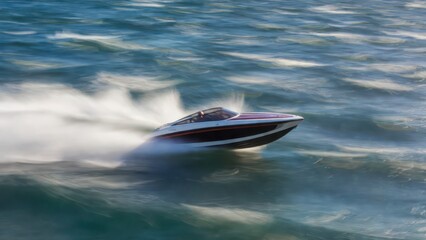 Fototapeta premium Speedboat racing across choppy blue water, creating a dramatic spray and motion blur effect