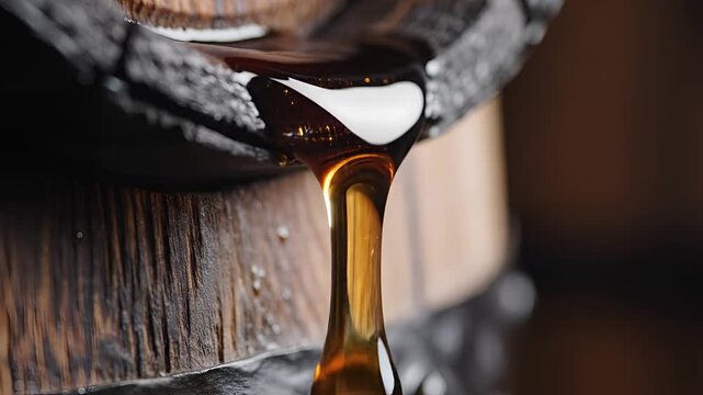 Close up of amber liquid dripping from a wooden barrel.