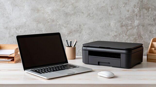 Modern home office setup with laptop, printer, and mouse on a tidy desk