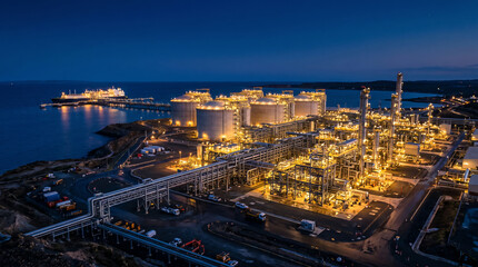 Obraz premium Large LNG export terminal with cryogenic storage tanks intricate pipework and warm yellow lights against deep blue twilight sky