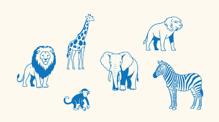 Set of african zoo animals including monkey giraffe lion elephant and zebra line art blue. © TREND AND VECTORS
