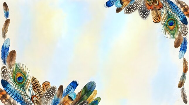 Watercolor feather frame with peacock plumes and bird feathers creating decorative border on textured paper background for natural design projects.
