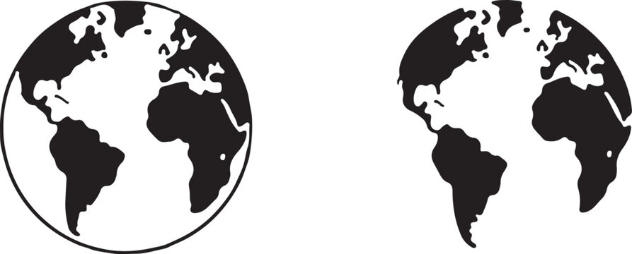 Two black and white world maps with different projections