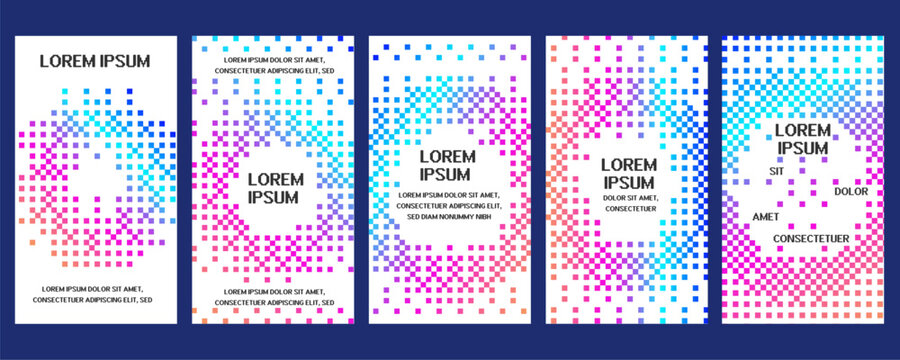Modern colorful pixel halftone posters set with dotted gradient circles, abstract digital patterns in vibrant geometric style