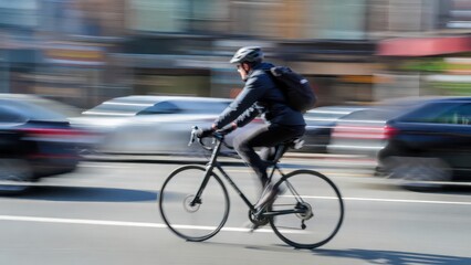 Cyclist in motion blur on city street with cars passing by, urban commute