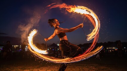 Fototapeta na wymiar Athletic woman performing fire dance with poi at dusk, creating bright fiery circles