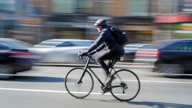 Cyclist in motion blur on city street with cars passing by, urban commute