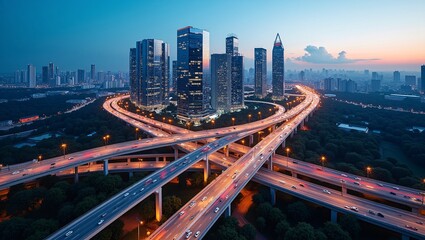 Obraz premium Twilight aerial shot of a modern city with sleek glass skyscrapers above a busy multi‑level highway interchange marked by bright traffic light trails.
