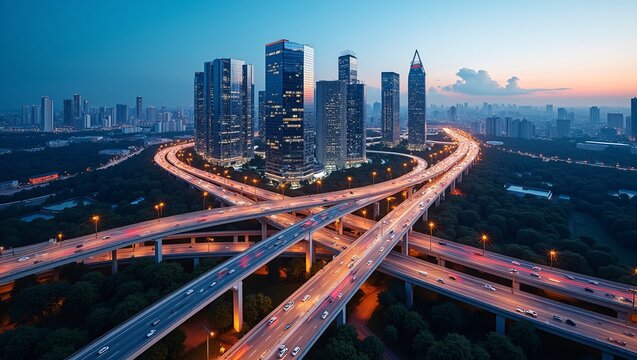 Twilight aerial shot of a modern city with sleek glass skyscrapers above a busy multi‑level highway interchange marked by bright traffic light trails.