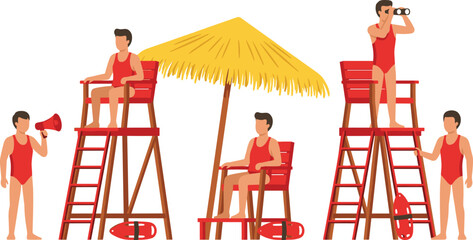 Beach Lifeguard Vector Set with Male Rescuers in Uniform Sitting on Watch Towers, Using Binoculars, Holding Megaphone, and Safety Rescue Buoys for Summer Water Safety © Sanjida